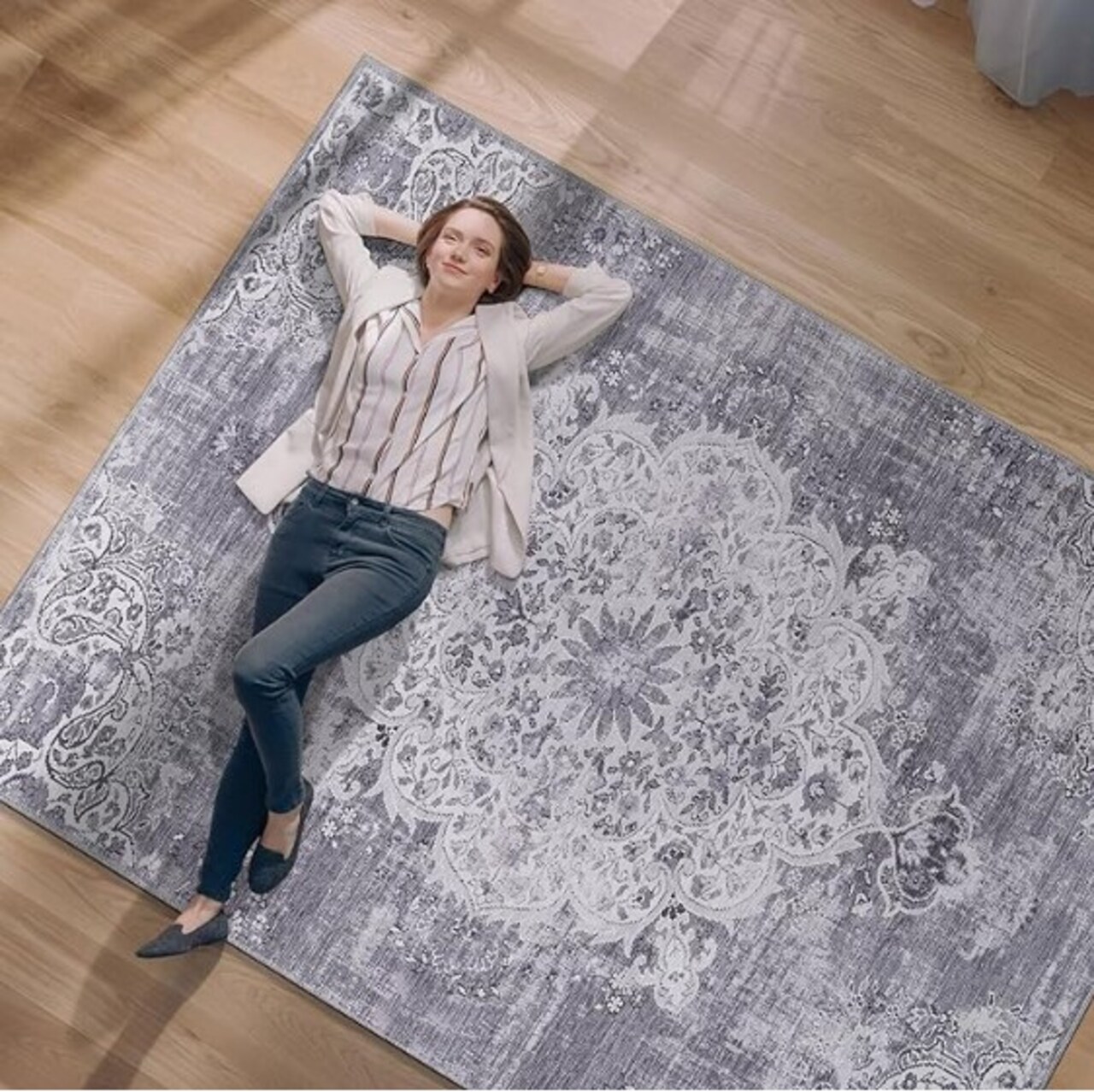 Distressed Vintage Washable Rug 8x10, Stain and Water Resistant, Bohemian Indoor Carpet (8 x 10, Gray) Machine Washable Area Rugs with Non Slip (Anti-Slip) Backing for Living Room Bedroom